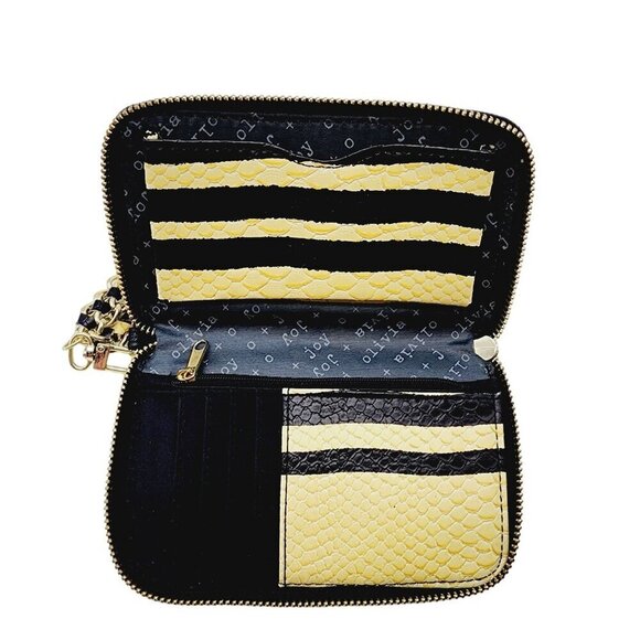 Olivia Joy New York Wallet Wristlet Yellow Black Faux Snakeskin Zip Metal Strap - Picture 6 of 10